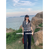 LUNAFUNG冯下文·灰色羊毛混纺短袖 针织Polo衫 女秋高级感翻领上衣