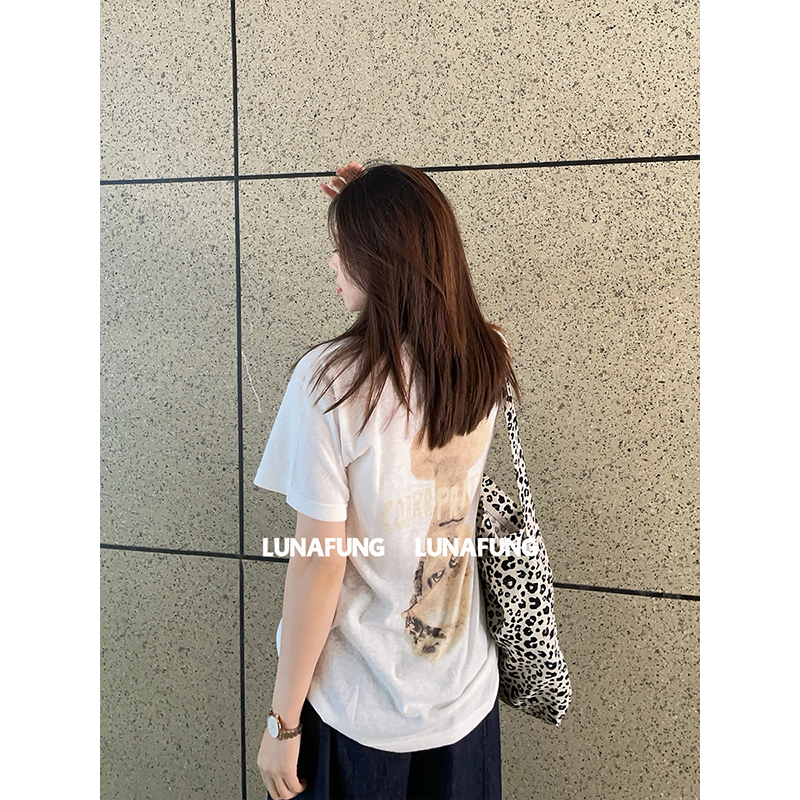 LUNAFUNG冯下文·白色雕塑印花美式T恤女宽松百搭小众设计感短袖t