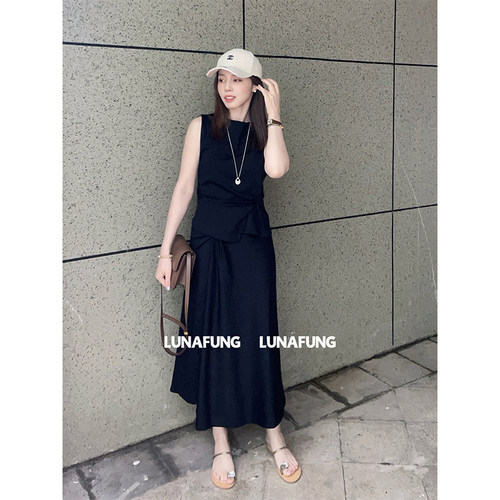 LUNAFUNG冯下文·黑色无袖扭结上衣半身裙套装女小众设计感两件套