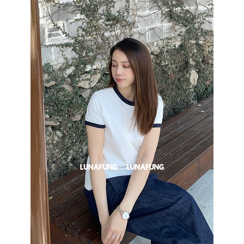 LUNAFUNG冯下文·白色短袖T恤女春圆领极简显瘦韩版撞色短t上衣