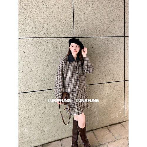LUNAFUNG冯下文·棕色羊毛格纹翻领外套+半裙miu系秋日慵懒氛围感