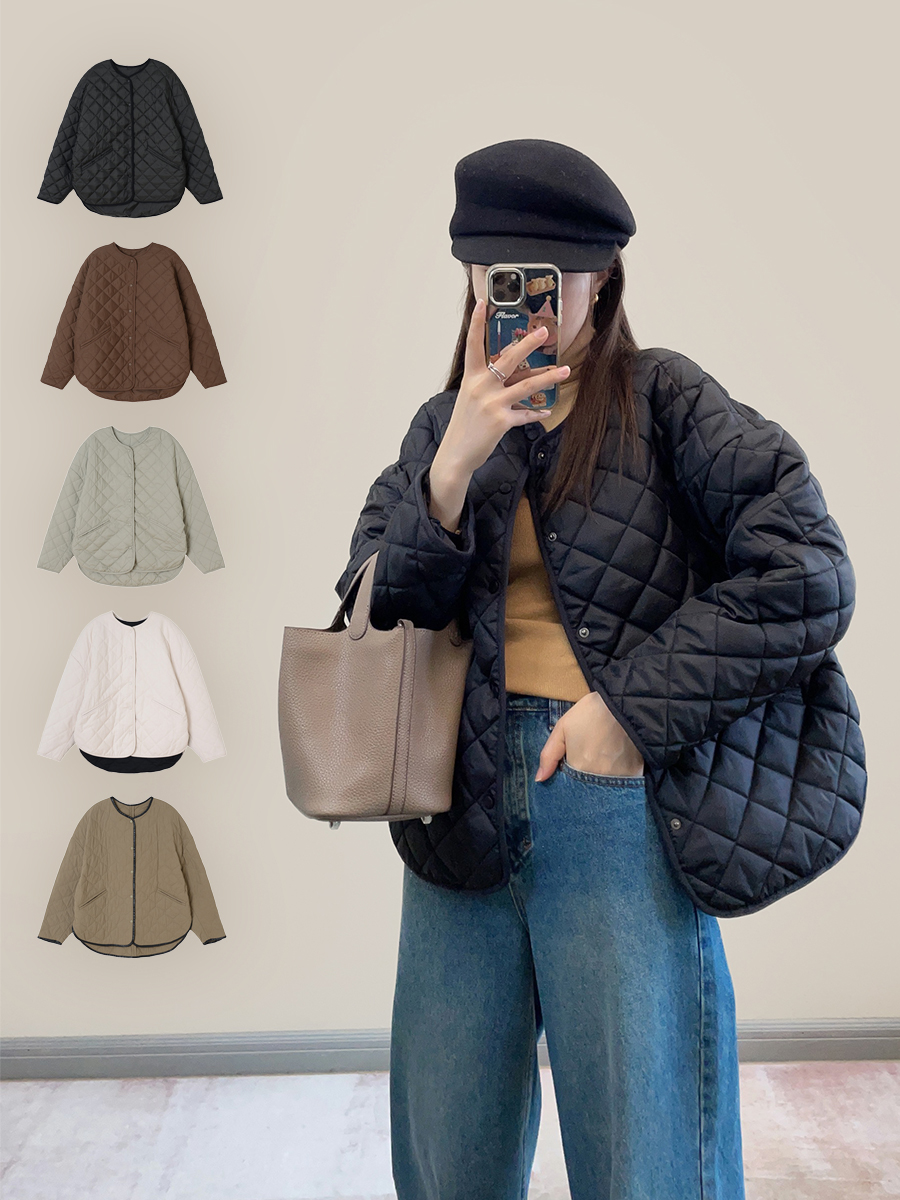 冯下文TOT菱格夹棉外套女落肩宽松保暖棉衣宽松慵懒棉服无领上衣