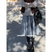 LUNAFUNG冯下文·灰色羊毛大摆裙a字半身裙复古高腰拼接韩版 裙子