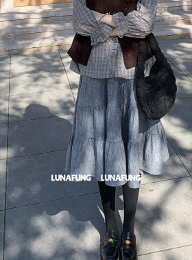 LUNAFUNG冯下文·灰色羊毛大摆裙a字半身裙复古高腰拼接韩版裙子