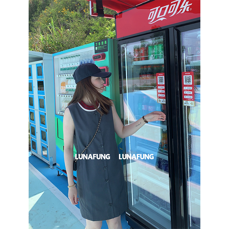 LUNAFUNG冯下文·赵昭仪穿搭灰色收腰无袖连衣裙女撞色miu系裙子