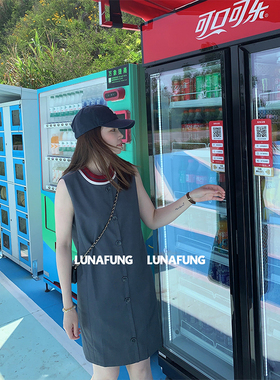 LUNAFUNG冯下文·赵昭仪穿搭灰色收腰无袖连衣裙女撞色miu系裙子