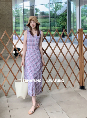 LUNAFUNG冯下文·紫色斜格纹背心吊带连衣裙女夏修身显瘦中长裙子