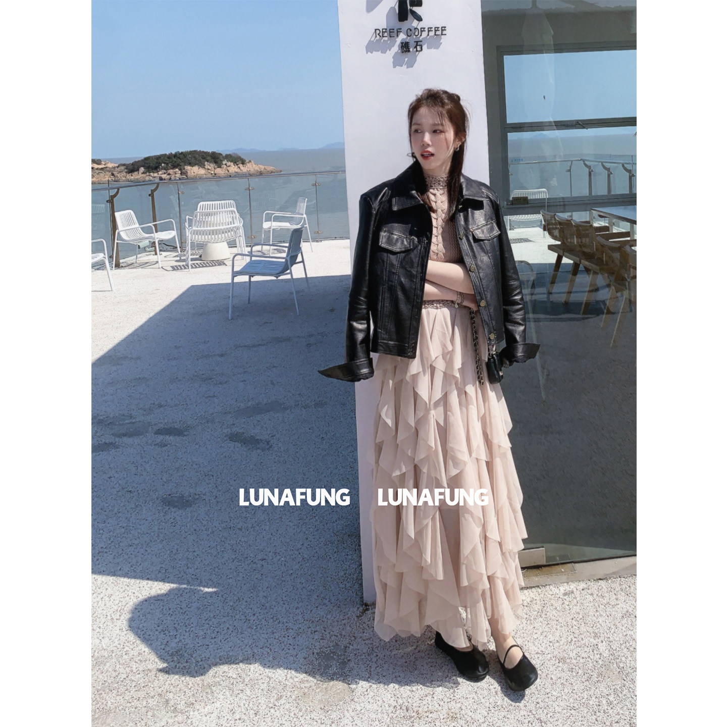 LUNAFUNG冯下文·韩系大女主针织钩花无袖拼接裙雪纺连衣裙大摆裙 - 实物图