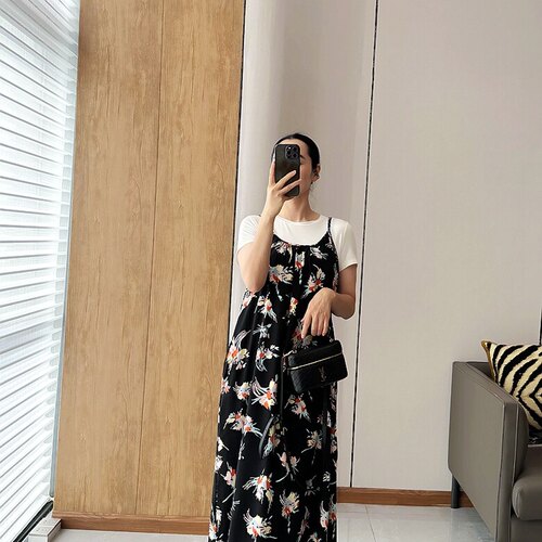 C4917 美啊 典雅复古 带口袋 印花真丝吊带连衣裙
