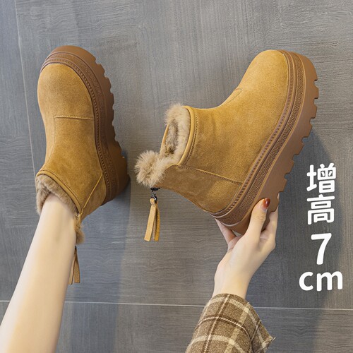 磨砂真皮松糕厚底加绒后拉链短靴