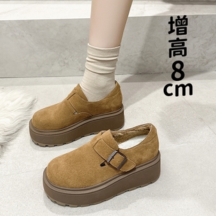 磨砂真皮勃肯鞋 女內增高厚底冬加絨一腳蹬復古樂福鞋 小碼