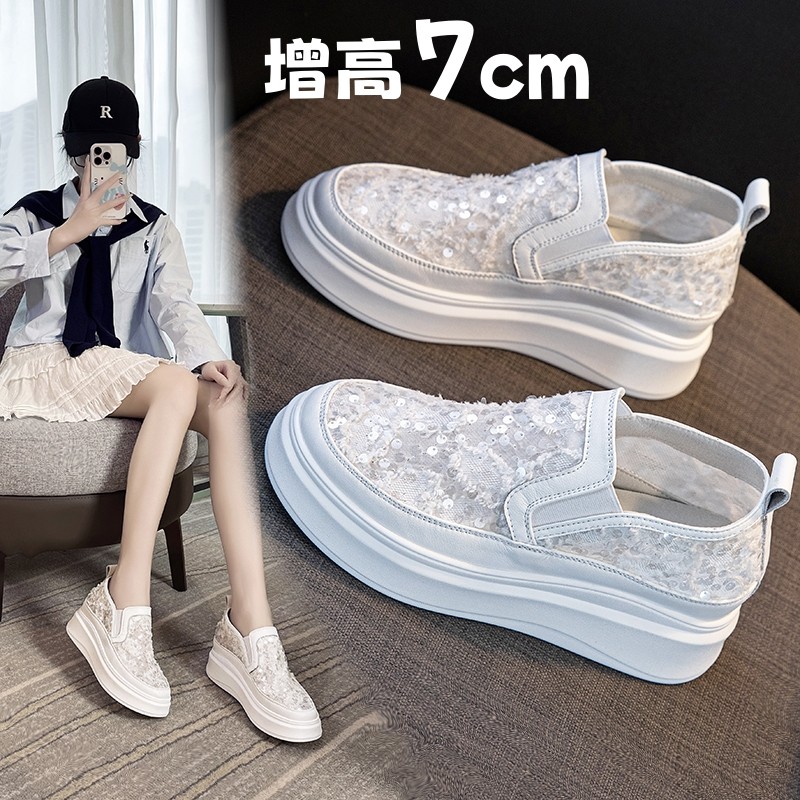 真皮内增高乐福鞋女厚底蕾丝网面透气亮片一脚蹬小白鞋小码313233