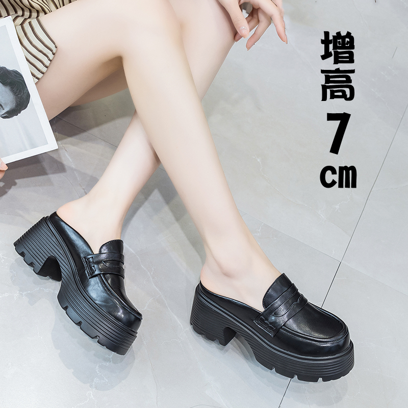 真皮无后跟包头拖鞋厚底粗跟小码