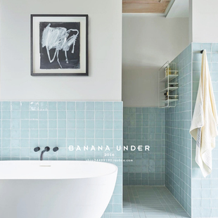 蕉下Hi北欧复古水蓝色果冻釉亮光手工砖北欧风卫生间瓷砖厨房墙砖