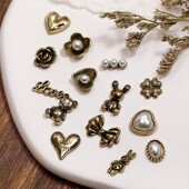 美甲金属复古风珍珠小熊蝴蝶结爱心古铜色字母巴洛克创意合金装 饰