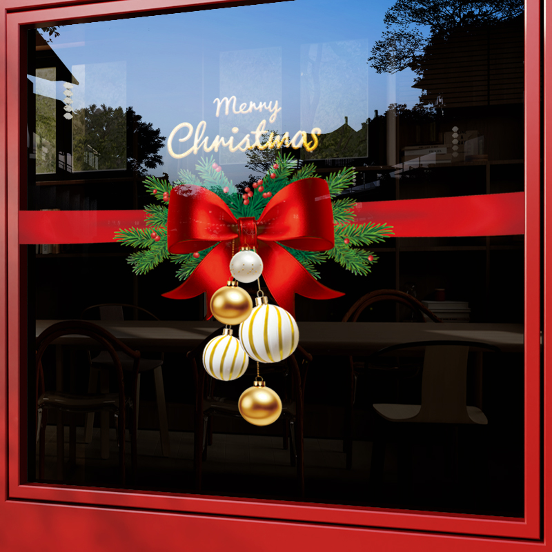 圣诞节装饰品蝴蝶结窗贴玻璃门贴纸创意花环2026公司商场场景布置