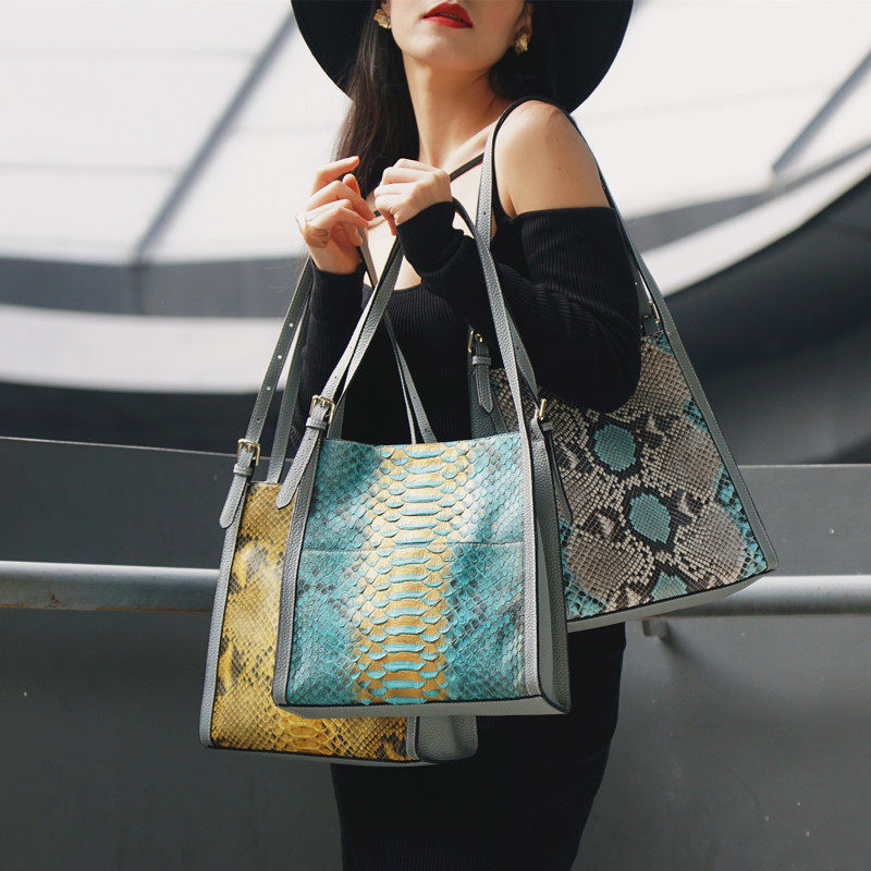 真蛇皮巴厘岛直进大虫皮配TOGO牛皮托特包单肩包轻奢简约蛇纹欧美