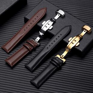 经典 牛皮手表带配件男女通用蝴蝶扣平纹超软耐磨防水华为gt6表带