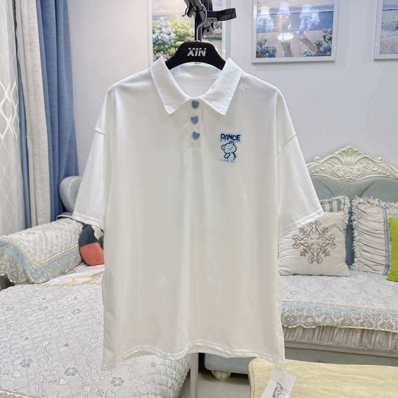 2025春夏韩版POLO领学生减龄短袖前后小熊印花宽松显瘦T恤女可爱