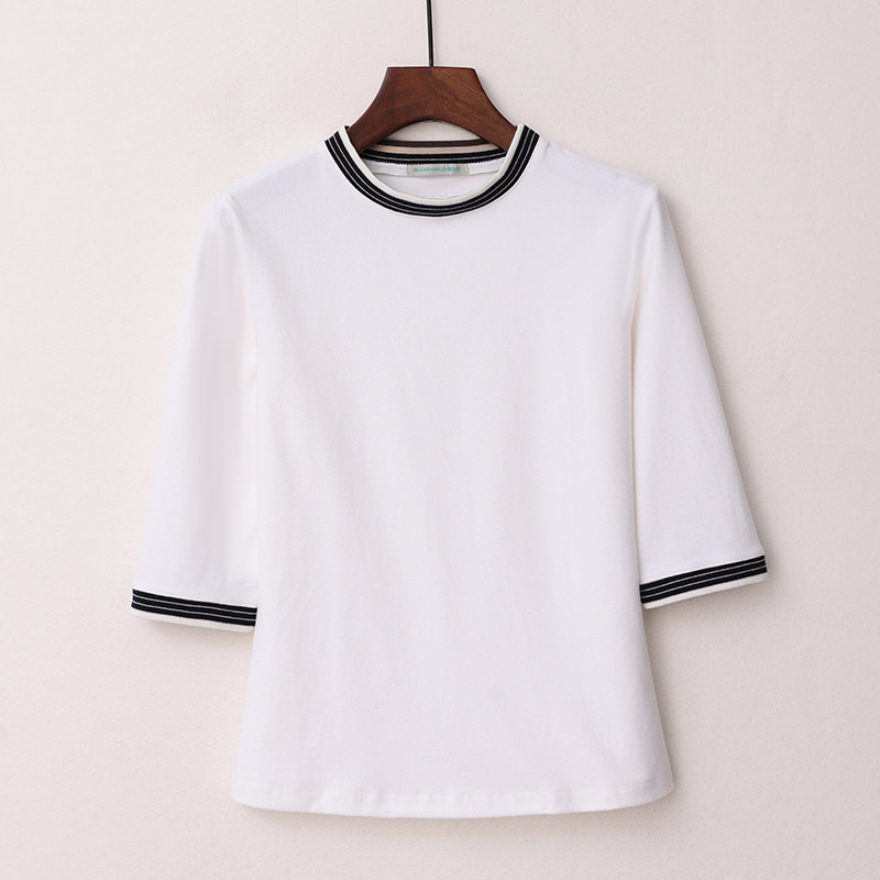 纯棉磨毛五分中袖打底衫女装半高立领修身T恤春秋上衣大码条纹拼