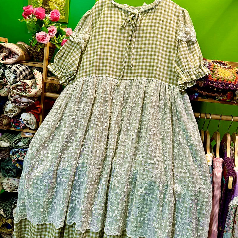 熊姑娘长裙/色织格子棉麻/蕾丝宽松大码连衣裙长款夏短袖套头女士