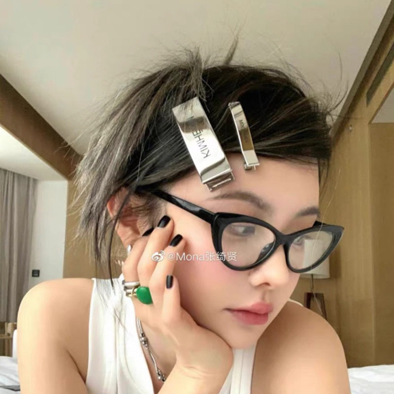 mona同款发夹kim字母银色刘海边夹对夹网红博主大号发卡鸭嘴夹潮