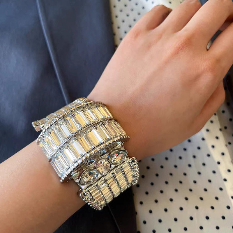 欧美款重工满钻玻璃水晶方钻开口手镯时尚气质名媛风舞蹈夜店手环