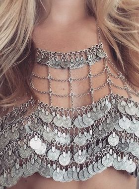 欧美夸张钱币流苏文胸链