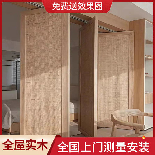 折叠门卧室卫生间厨房隔断门定制日式实木门新中式移门藤编推拉门