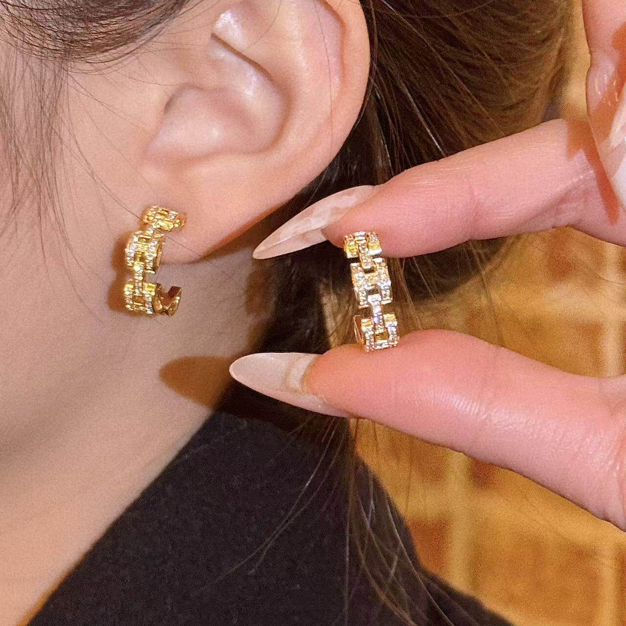 日韩几何链条耳环女小众高级感金色银色时尚耳饰环C形925银针耳钉