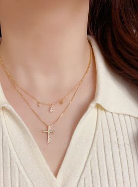 法式复古时尚简约双层镶钻水滴十字架项链个性轻奢独特设计感颈链