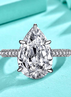 925纯银水滴锥形锆石戒指女夸张个性鸽子蛋五爪钻戒白金跨境手饰