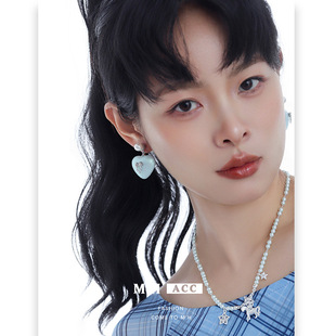 法式蓝色爱心珍珠耳环女金属耳饰度假风气质时尚心形简约甜美耳钉