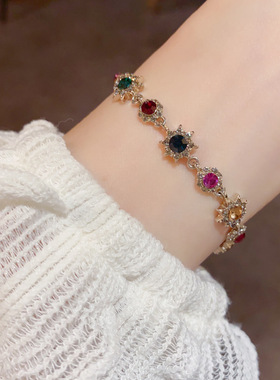 欧美跨境个性时尚复古彩色锆石太阳花手链女精致轻奢冷淡风手饰品