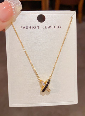 日韩时尚简约独特设计感镶钻黑色交叉项链精致轻奢百搭锁骨链批发