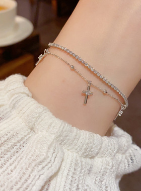 欧美跨境时尚复古镶钻双层十字架手链气质轻奢独特设计感手饰新年