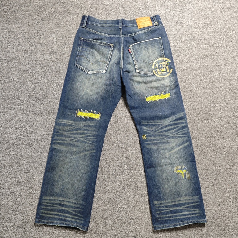 赤耳牛仔裤金线水洗直筒宽松