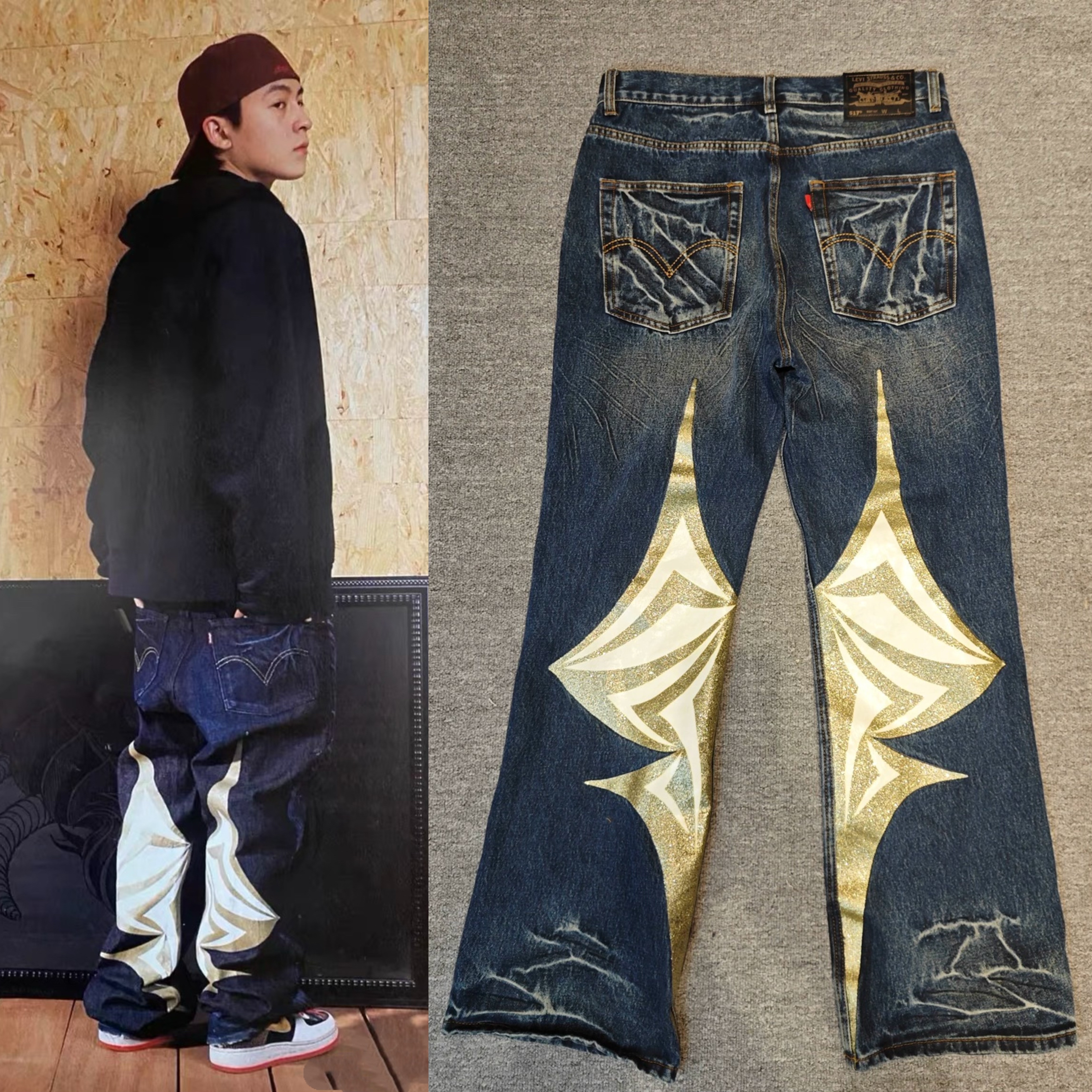 陈冠希clot风格蝴蝶517未来微喇宽松14oz重磅厚料重工水洗牛仔裤