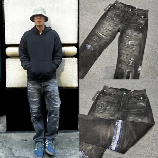 型腰果花洗水破洞重磅直筒宽松牛仔裤 Clot冠希风格 黑长寿501版