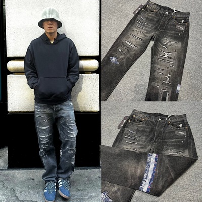 Clot冠希风格黑长寿501版型腰果花洗水破洞重磅直筒宽松牛仔裤