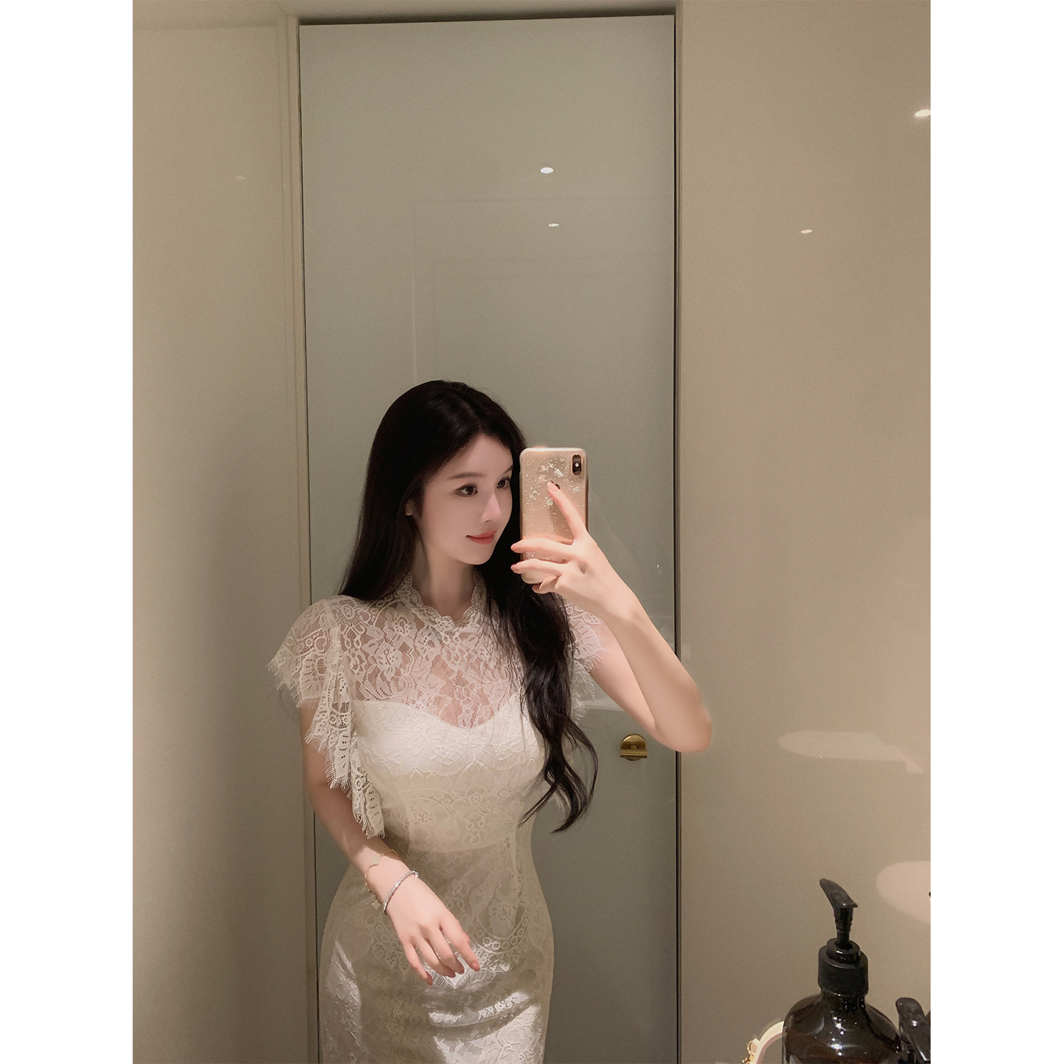 法式轻奢甜美长裙修身蕾丝连衣裙