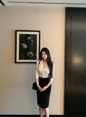 THE SWAN司凰轻奢 假两件领口拼蕾丝花边通勤衬衫上衣/针织半身裙