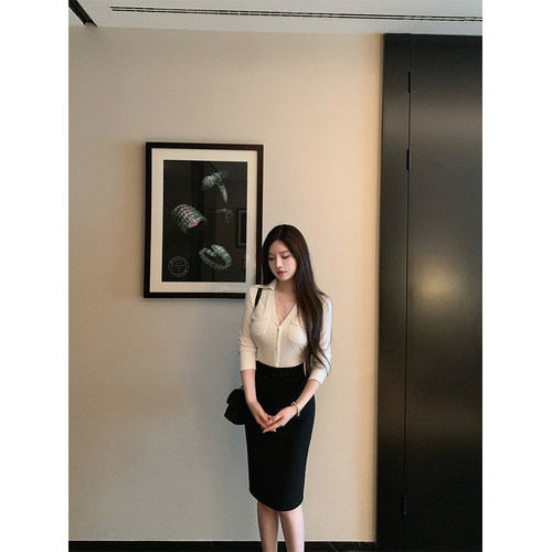 假两件拼蕾丝衬衫上衣/半身裙