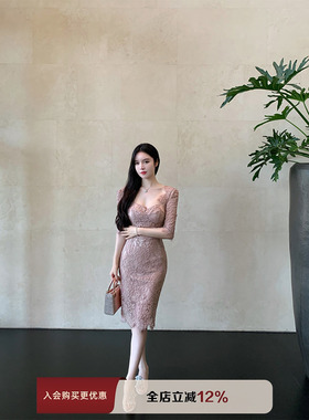 THE SWAN司凰轻奢 气质优雅挂 短袖蕾丝包臀裙遮肉显瘦法式连衣裙