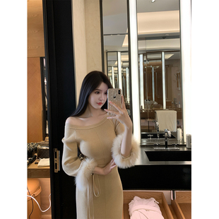 修身 THE 全狐狸毛袖 娇娇软玉 长裙羊毛针织连衣裙女 SWAN司凰轻奢