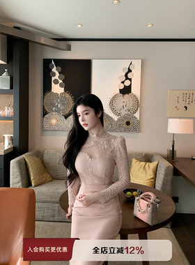 THE SWAN司凰轻奢 自在温柔 法式优雅茶歇裙拼蕾丝修身气质连衣裙