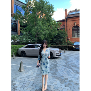 气质典雅弹力修身 古早姐姐感 印花针织连衣裙女 SWAN司凰轻奢 THE