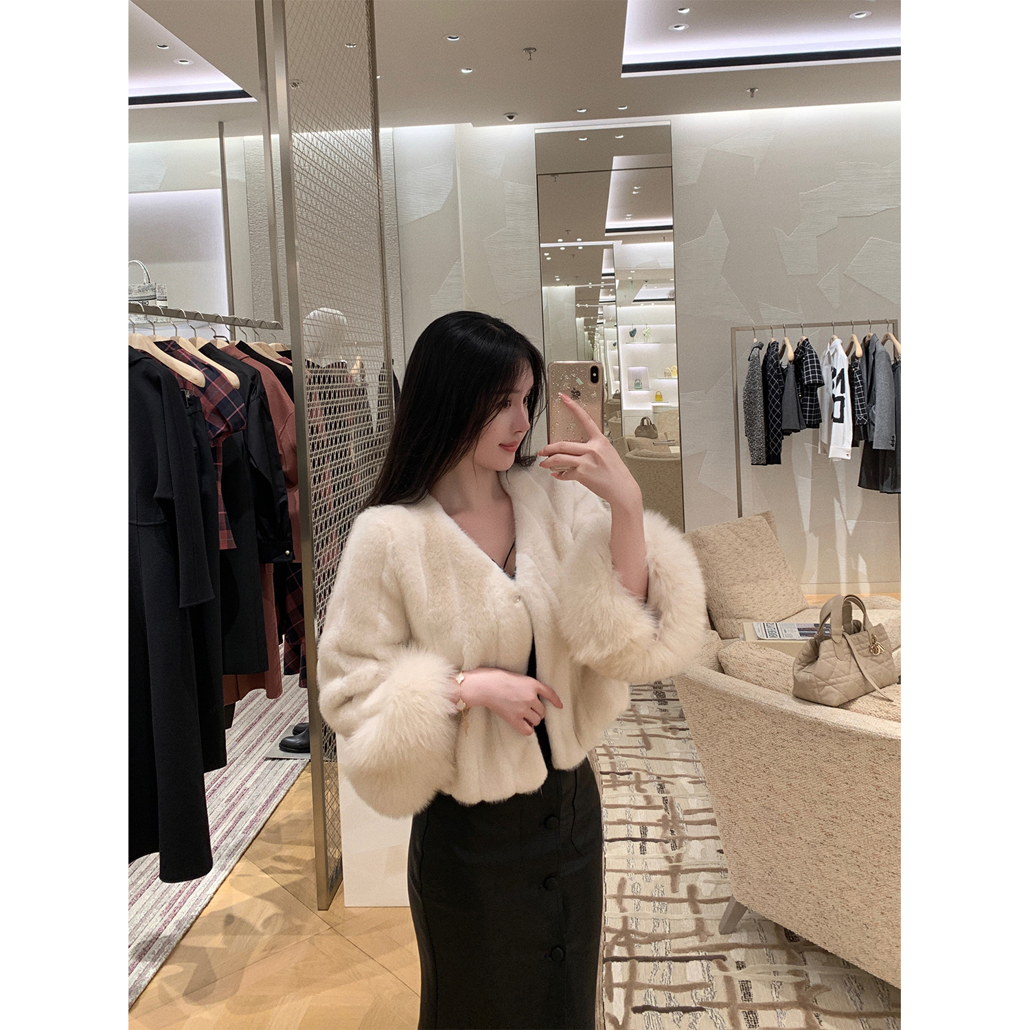 100狐狸毛袖水貂皮草短款外套