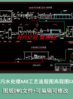 两套污水处理设计图AAO工艺流程图与高程图方案设计CAD图纸