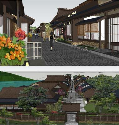 民宿民俗客栈酒店农家乐su景观模新中式度假村建筑sketchup草图